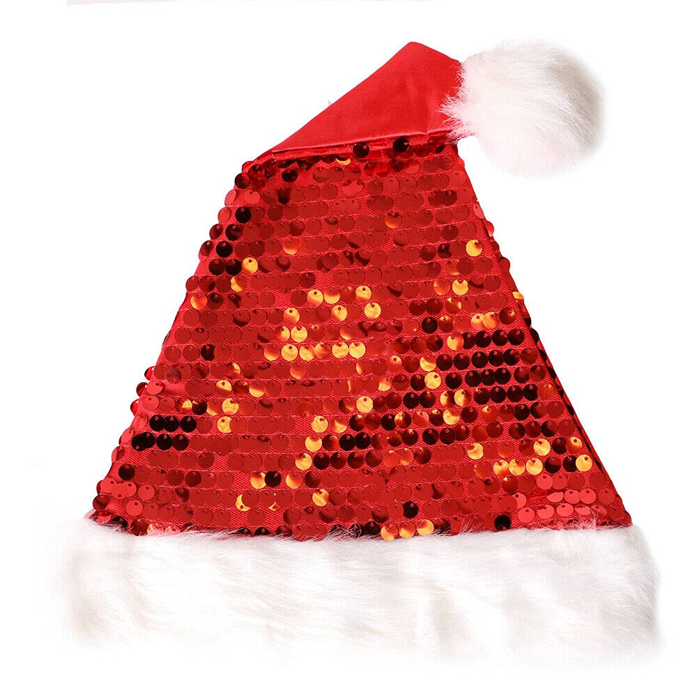 MarysDe@lz Christmas Santa Hat Novelty Reversible Sequins Red & Silver Flashy Headpiece Fancy Dress With Pompom, One Size