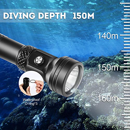 VOLADOR Scuba Diving Flashlight, 4000 Lumen Underwater Dive Light with Power Indication, CREE XHP 70 LED IPX-8 Waterproof Night Dive Torch, Rechargeable 26650 Battery, Charger, Lanyard