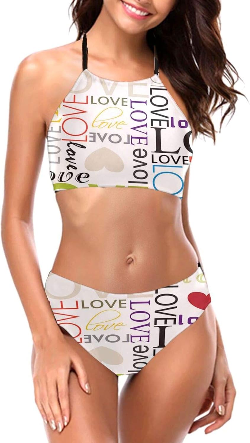 Women's Love Heart Shape Pattern Halter Bikini Swimwear High Neck Two