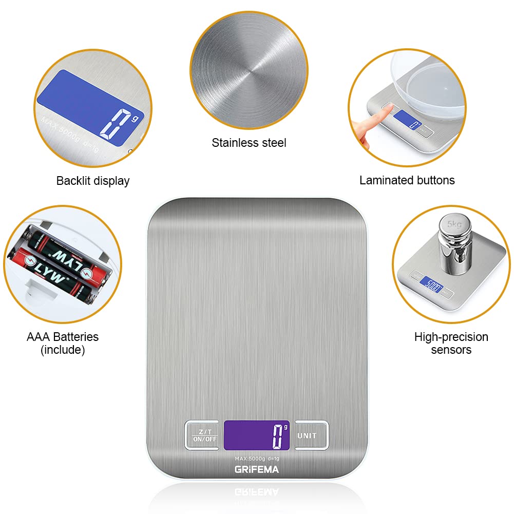 GRIFEMA Digital Kitchen Scales (High Precision 1 g - 5000 g), Precision Scales with LCD Display and 2 Batteries, Automatic Storage and Tare Digital Scales with 6 Units, Letter Scales Stainless Steel