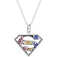 SALLY ROSE DC Comics Superman Necklace for Women 18" Official License, Stainless Steel Superman Pendant Necklace with Rainbow Crystals