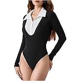 MakeMeChic Women's 2 in 1 Colorblock Collared Long Sleeve Button Front Knitted Leotard Bodysuit Tops