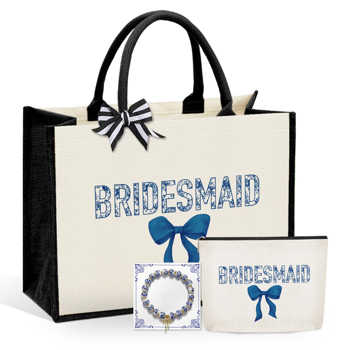 Photo 1 of 3 Pcs Bride Wedding Tote Bag with Makeup Bag and Bracelets, Bridal Shower Gifts, Bachelorette Party Bags, Coquette Bow Tote Bags with Floral for Wedding Bachelorette Party - Bridesmaid Blue