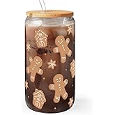 SANDJEST Gingerbread Christmas 16oz Can Glass Tumbler with Bamboo Lid & Straw - Iced Coffee Cup for Women Girls, Aesthetic Cups Gifts for Xmas