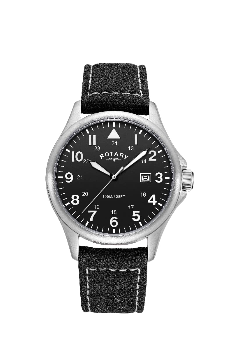 Rotary Mens Pilot Analogue Quartz Watch with Black Dial and Black Canvas Strap GS00473/19