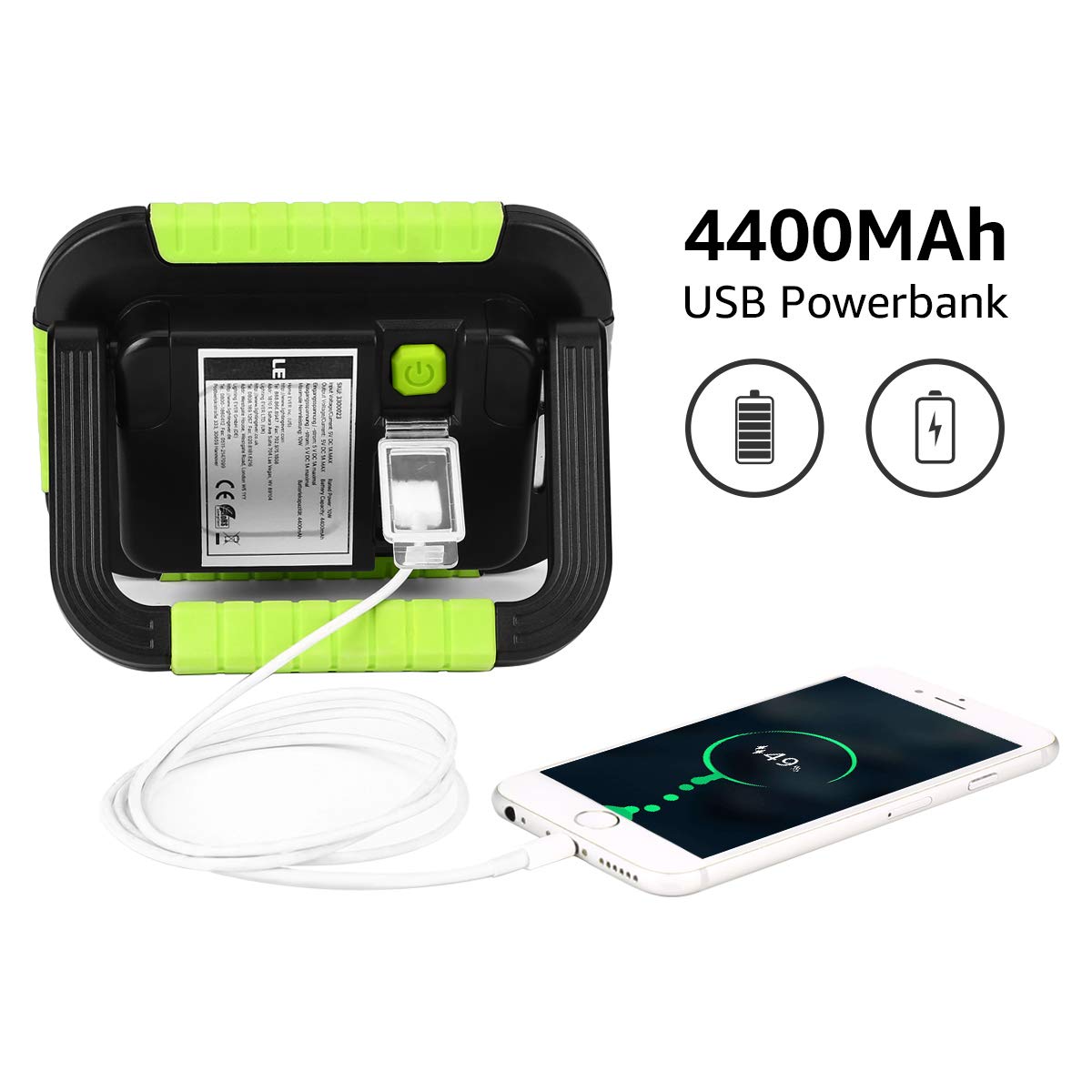 LE 10W Campinglampe, superhell 1000lm Wiederaufladbare Arbeitsleuchte mit 4400mAh Powerbank, Dimmbar Baustrahler mit 3 Lichtmodi, für Stromausfällen, Zelt, Camping, Notfall usw 3