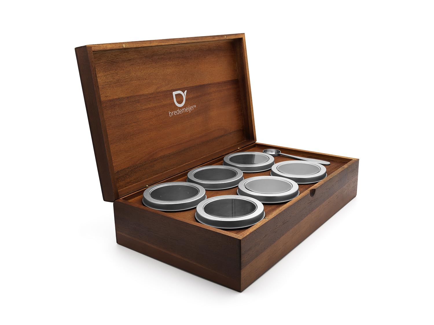 Bredemeijer - Tea Box + 6 Tea Cans Round & Measuring Spoon Acacia, Brown