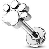 COCHARM G23 Titanium Helix Earrings Stud 16g Flat Back Tragus Piercing 6mm Paw Print Tragus Earrings 16 Gauge Internally Threaded Tragus Stud Hypoallergenic Helix Jewelry