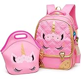 Moonmo Cute Unicorn Face Diamond Sequins Waterproof Princess School Backpack Set Girls Book Bag
