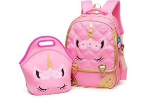 Moonmo Cute Unicorn Face Diamond Sequins Waterproof Princess School Backpack Set Girls Book Bag