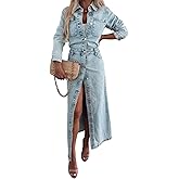 yoeasy Womens Button Down Denim Dress Fall Trendy Long Sleeve Bodycon Denim Maxi Dress Casual A Line Jean Dress