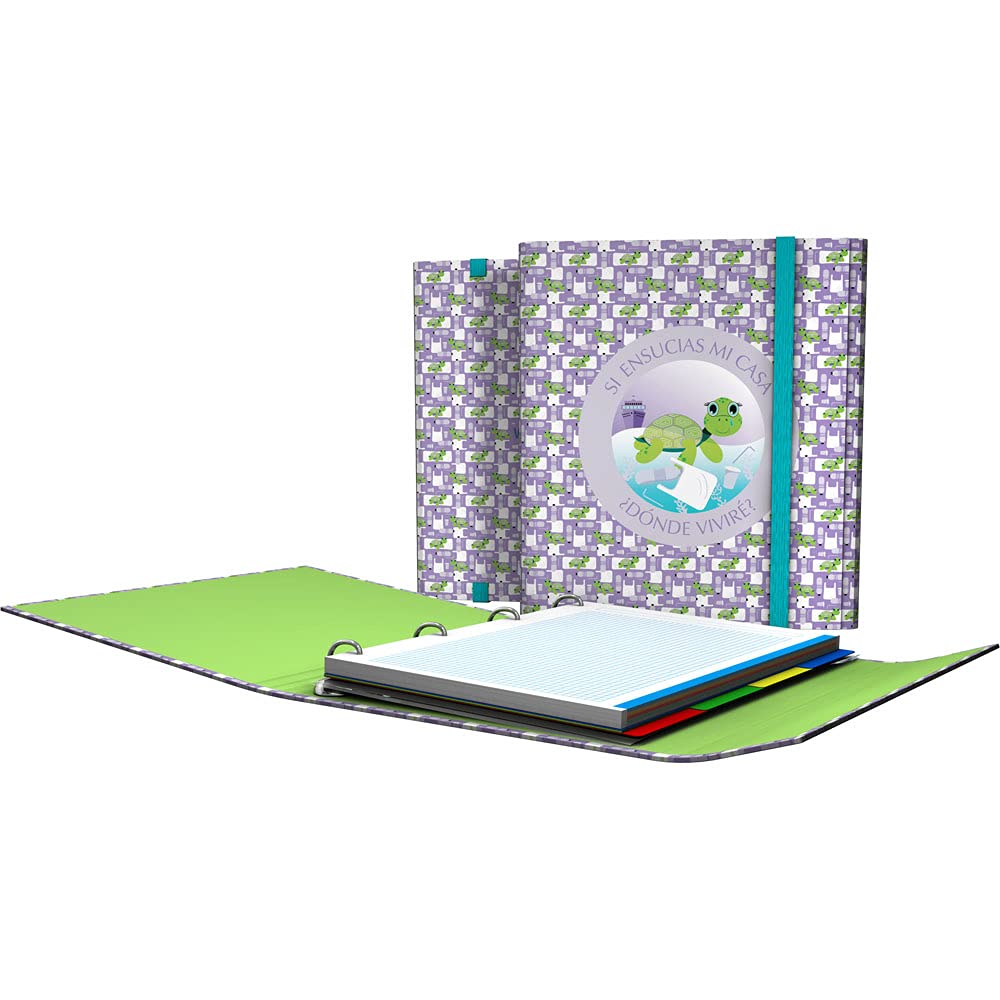Grafoplás 88212628 Folder with Rings, A4, Flap and Elastic Closure, Includes Refills and Dividers, Wise Planet, Turtle