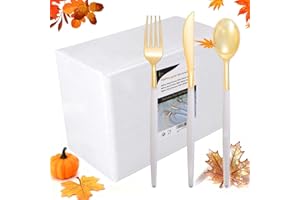 I00000 144Pcs Gold Plastic Silverware, Gold Plastic Utensils Set,Disposable Utensils Heavy Duty,Disposable Silverware Set Includes 48 Forks,48 Knives,48 Spoons for Party & Thanksgiving