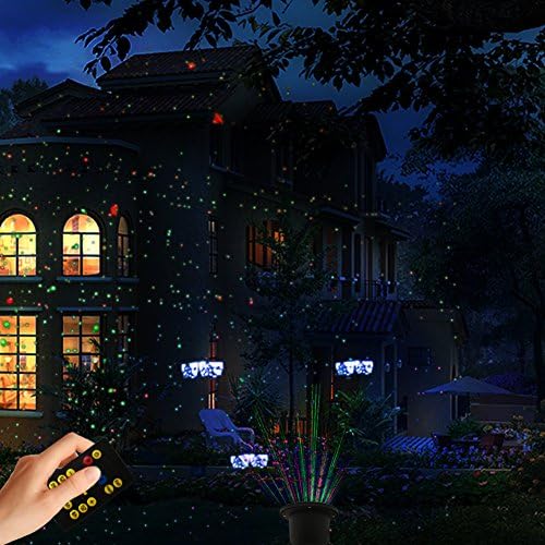 Laser Christmas Light with RF Remote Control，Red and Green Star Laser Show with Blue Background for Christmas, Holiday, Parties, Landscape, and Garden Decoration