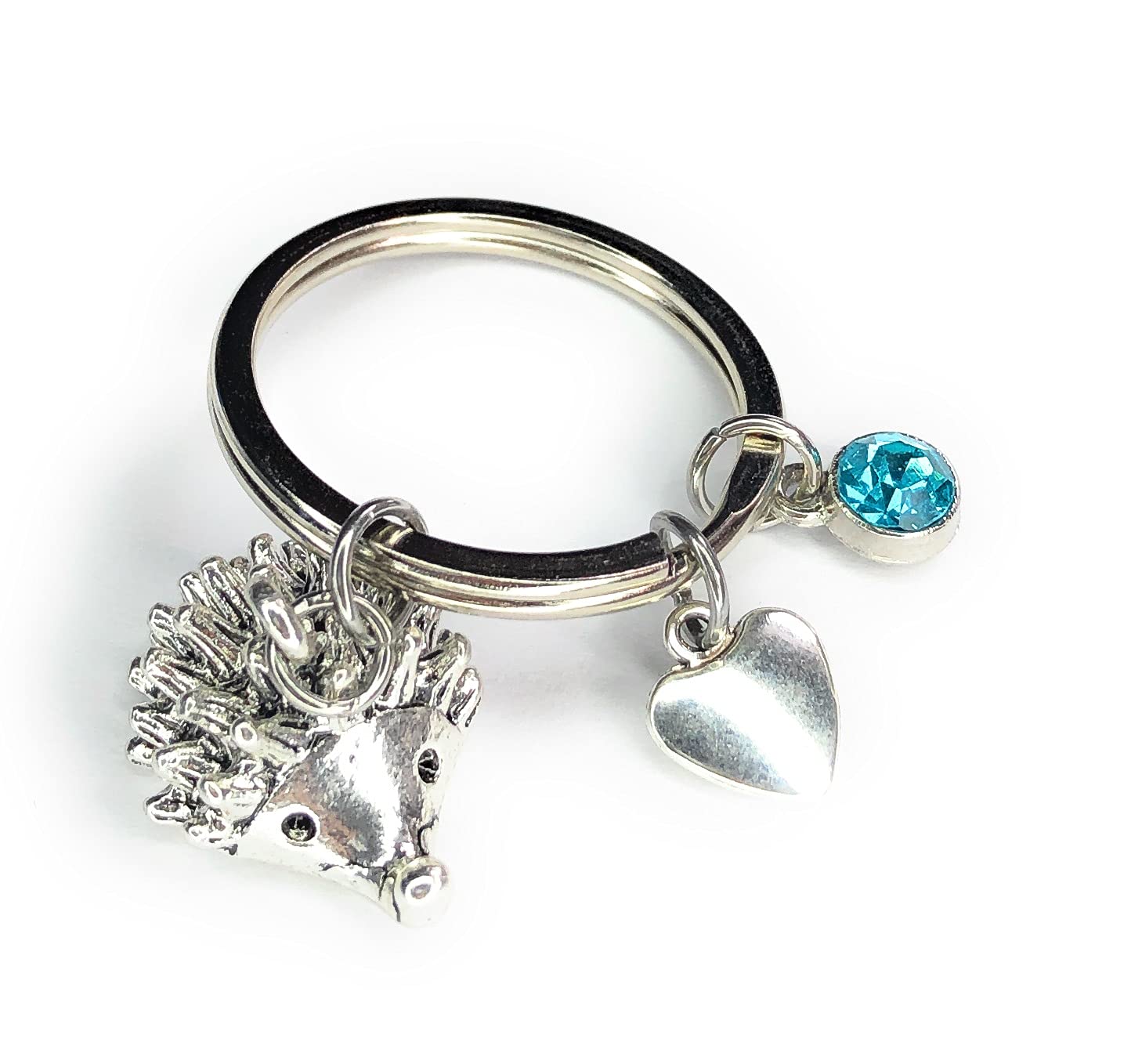FizzyButton Gifts Hedgehog Keyring Key Ring with Turquoise Rhinestone and Heart Charm