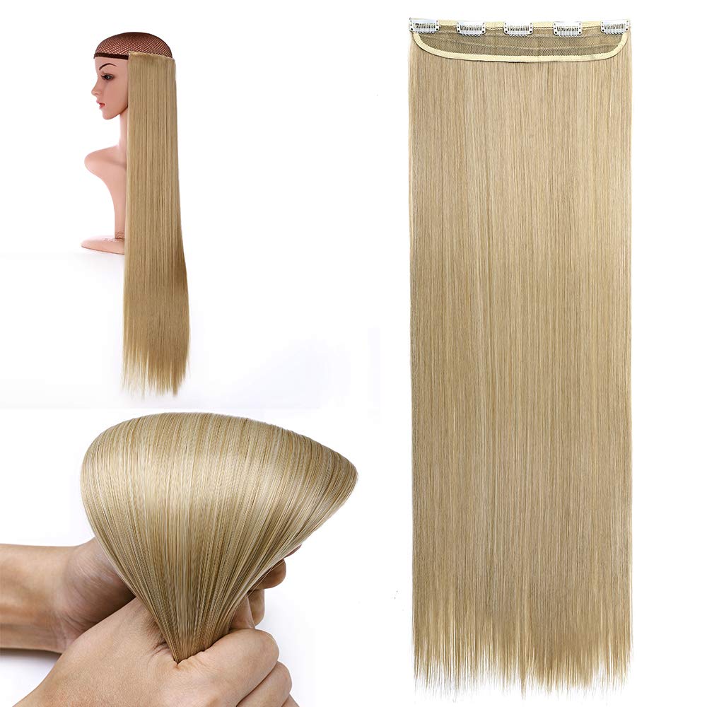 Silk-co One Piece Clip in Hair Extensions 3/4 Half Full Head Straight Straight Hairpieces Invisible [30 Inch Ash Blond] — image 1