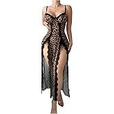 SHENHE Women's Leopard Lingerie Lace Babydoll Chemise High Slit Mesh Slip Nightgown and Thong