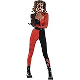 Women's DC Harley Quinn Costume | Superhero Villain Jumpsuit with Belt and Eyemask for Halloween, Themed Parties