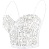 atokiss Women's Pearls Bead Bustier Crop Top Wedding Club Party Sexy Corset Top Bra White