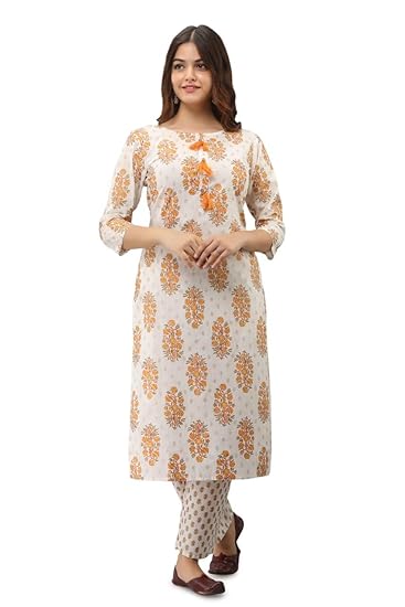 Kurti Womens Straight Cotton Printed Kurta with Printed Pant Set for Girls (White)