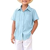 Kukume Boys Guayabera Shirt Short Sleeve Button Down Casual Linen Shirt with Pockets for Summer Hawaiian Holiday 4-13Y