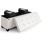Storage Ottoman Bench with Bins, 43-in Storage Bench for Bedroom End of Bed, Folding Foot Rest Ottoman for Living Room Max 660lbs, Faux Leather Ottomans, Cream