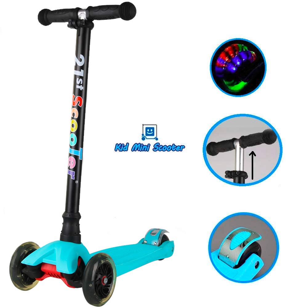 Mini Kids Scooter with 3 Smooth Flashing LED Light Up Wheels and Adjustable Height Lean To Steer Kick Scooter for Girls Boys Toddlers Children from 3 to 13 Year-Old, Max Weight 143 lbs