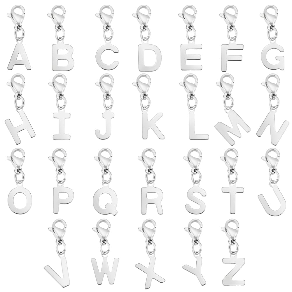 FINGERINSPIRE 26 Pieces Mixed Alphabet Letter Charms 24mm Stainless Steel Letter A~Z Pendant with Lobster Clasp Intial Letter A-Z Alphabet Charm for DIY Name ID Necklace Bracelet Jewelry Making