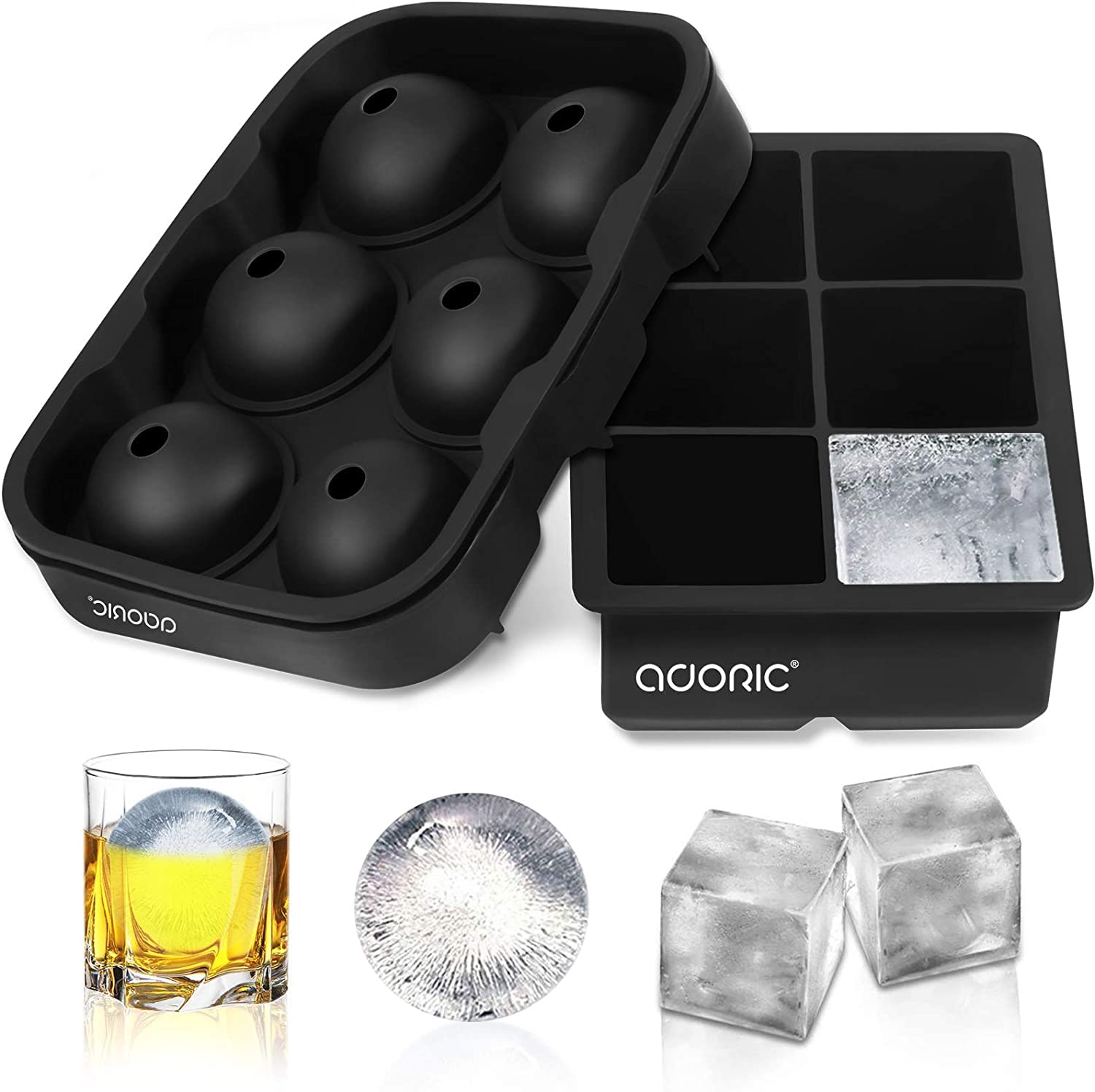 Adoric Ice Cube Trays Silicone Set of 2, Sphere Ice Ball Maker with Lid and Large Square Ice Cube Molds for Whiskey, Reusable and BPA Free (Ice Cube Trays Silicone Set of 2)