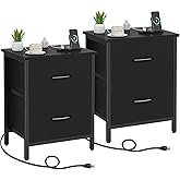 Vagusicc Nightstand Set of 2 with Charging Station, End Table Bedside Table with Power Outlet & USB Ports, Side Table with 2 Fabric Drawers for Bedroom, Living Room, Black