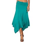 DJT Women's Skirts Stretchy Waist A Line Handkerchief Hem Flowy Flared Casual Midi Skirt