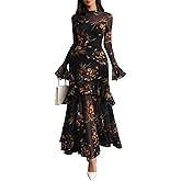 GothDark Womens Floral Maxi Dress Sheer Mesh Bell Sleeve Tiered Ruffle Gothic Romantic Casual Long Dresses