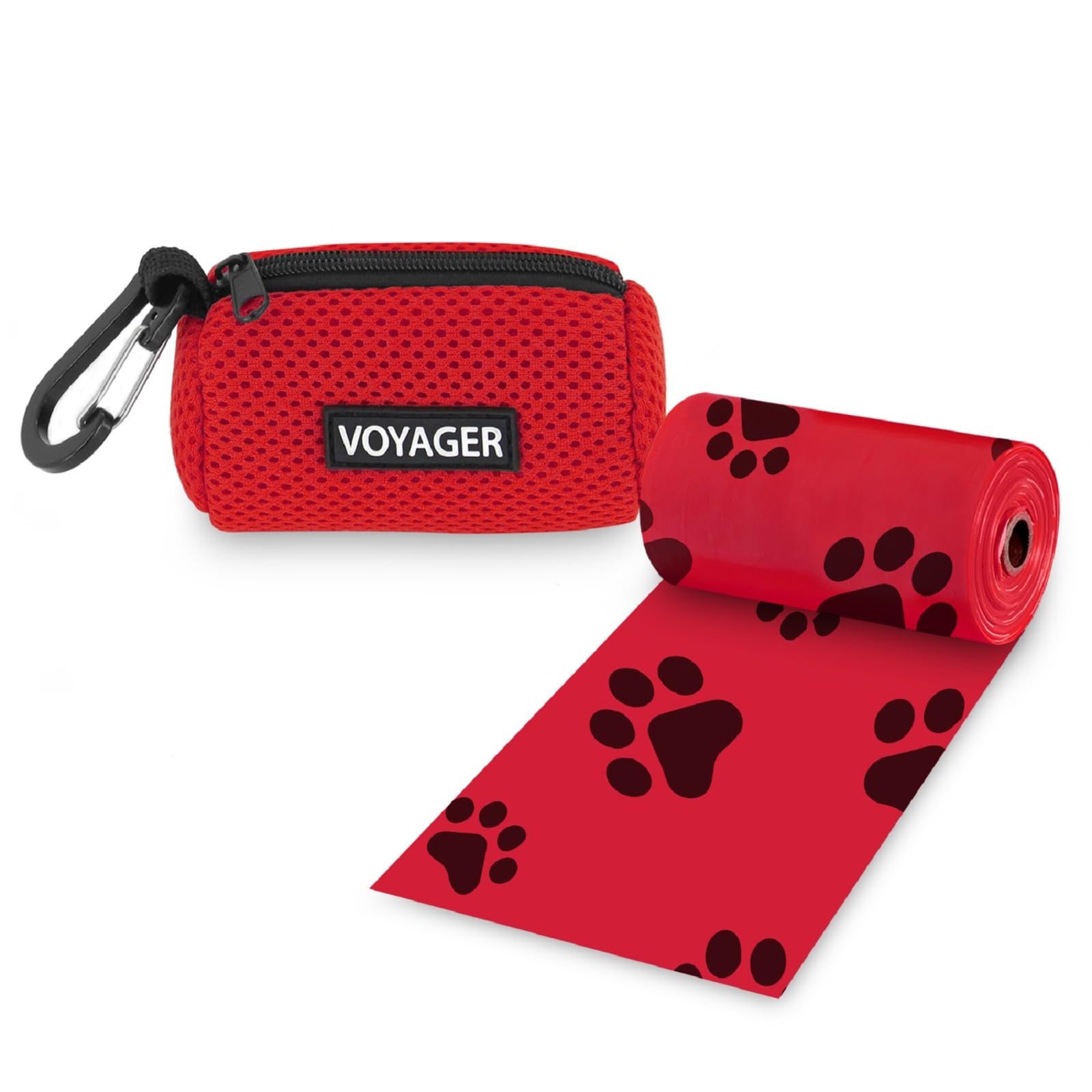 Best Pet Supplies Dog Poop Bag Holder Leash Attachment with 15 Bags, Red, Reusable Mesh Dispenser Pouch for Travel, Walking, Park, and Outdoor Use, Soft and Durable with Clip-On