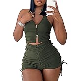 PYAEAS Summer Two Piece Outfits for Women, Casual Stretchy Ribbed Tank Crop Top Ruched Shorts Set Workout Tracksuits