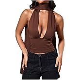 SOLY HUX Sexy Tops for Women Going Out Halter Scarf Crop Top Deep V Sleeveless Backless Vest Party Clubwear
