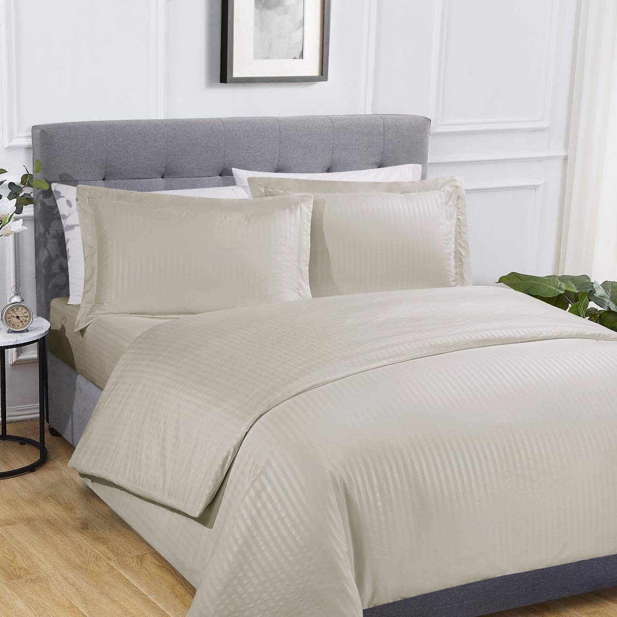 Sleepdown Sateen Stripe Natural Super Soft Easy Care Complete Duvet Cover Quilt Bedding Set Pillowcases with Fitted Sheet - King, 5056242780069