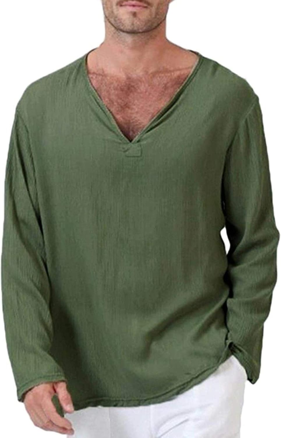 Mens Long Sleeve Cotton Beach Hippie Shirt VNeck Beach Yoga Henleys