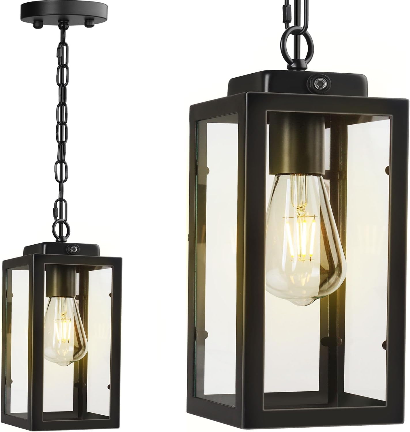 Photo 1 of Outdoor Pendant Light Dusk to Dawn, 11'' Porch lights Outdoor Chandelier Hanging Ceiling Lights, Black Aluminum Lightshade with Tempered Glass, Exterior Lighting Fixture for Porch Yard, Gazebo, 1 Pack