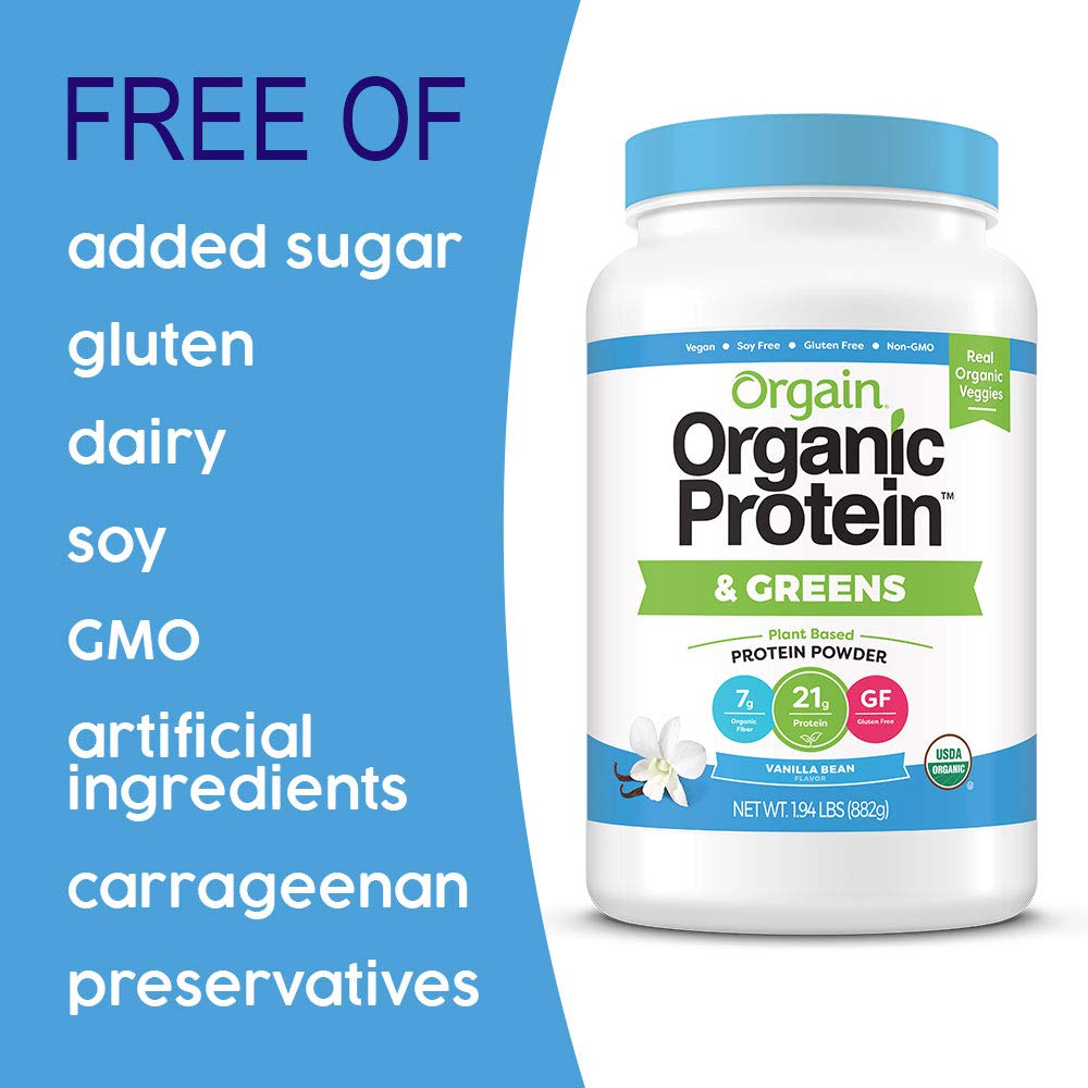 Orgain Organic Plant Based Protein & Greens Powder, Vanilla Bean - Vegan, Dairy Free, Gluten Free, Lactose Free, Soy Free, Low Sugar, Kosher, Non-GMO, 1.94 Pound (Packaging May Vary) : Grocery & Gourmet Food
