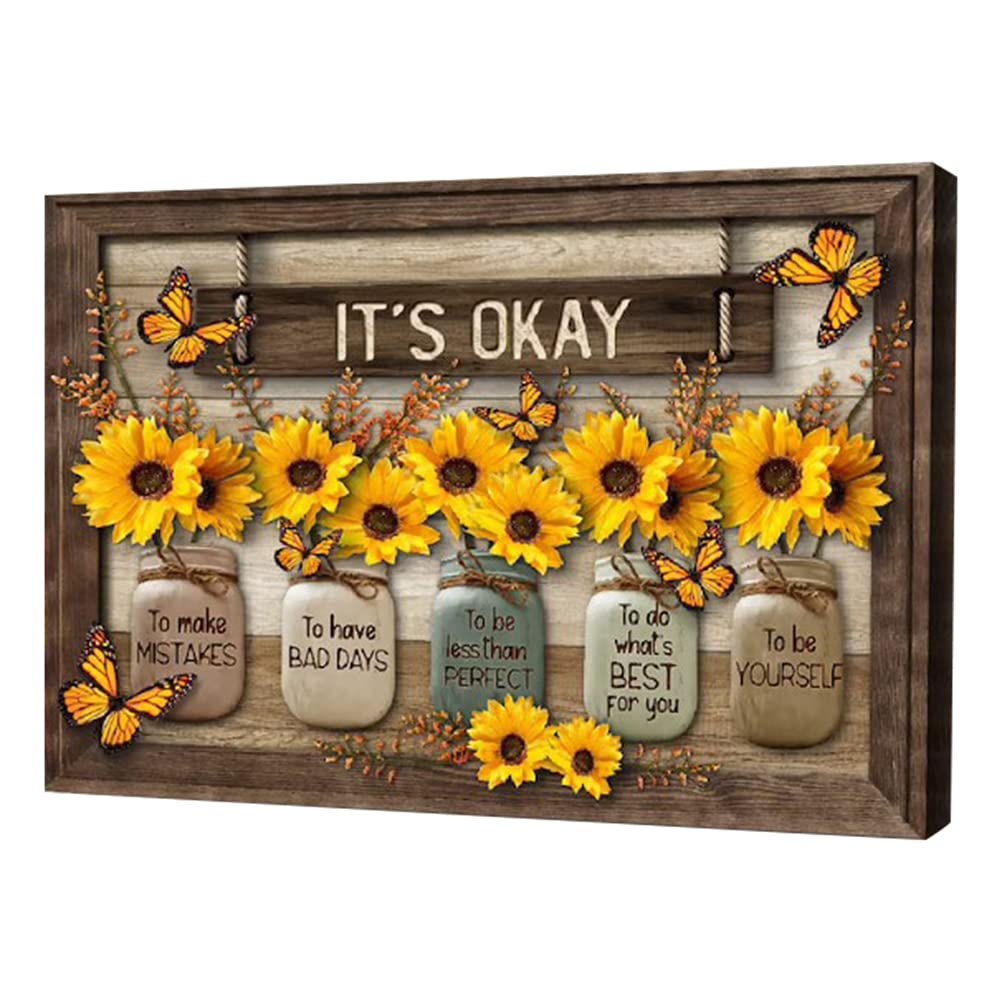 BSTCAR Wooden Rural Art Wall Decoration IT‘S OKAY Butterfly Sunflower Wall Art Painting with Frame Poster Art Decoration for Home Living Room Office Bar Housewarming Gift for Family Friends 30 * 20CM