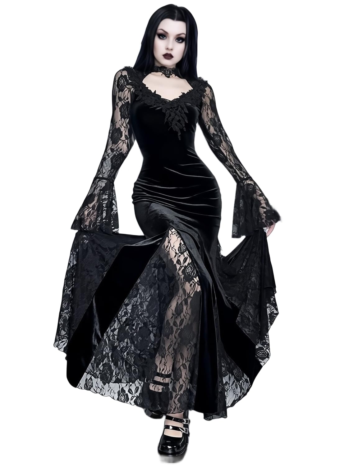 Photo 1 of LANSHULAN Gothic Slim Lace Contract Fishtail Long Goth Dress Clothes Black