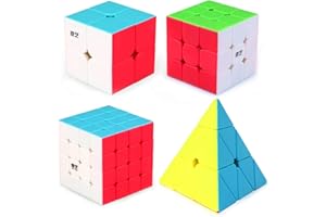 Roxenda Speed Cube Set, Speed Cube Bundle of 2x2 3x3 4x4 and Pyramid Cube Smoothly Stickerless Magic Cubes Collection for Kids Teens & Adults [4 Pack] (Stickerless)
