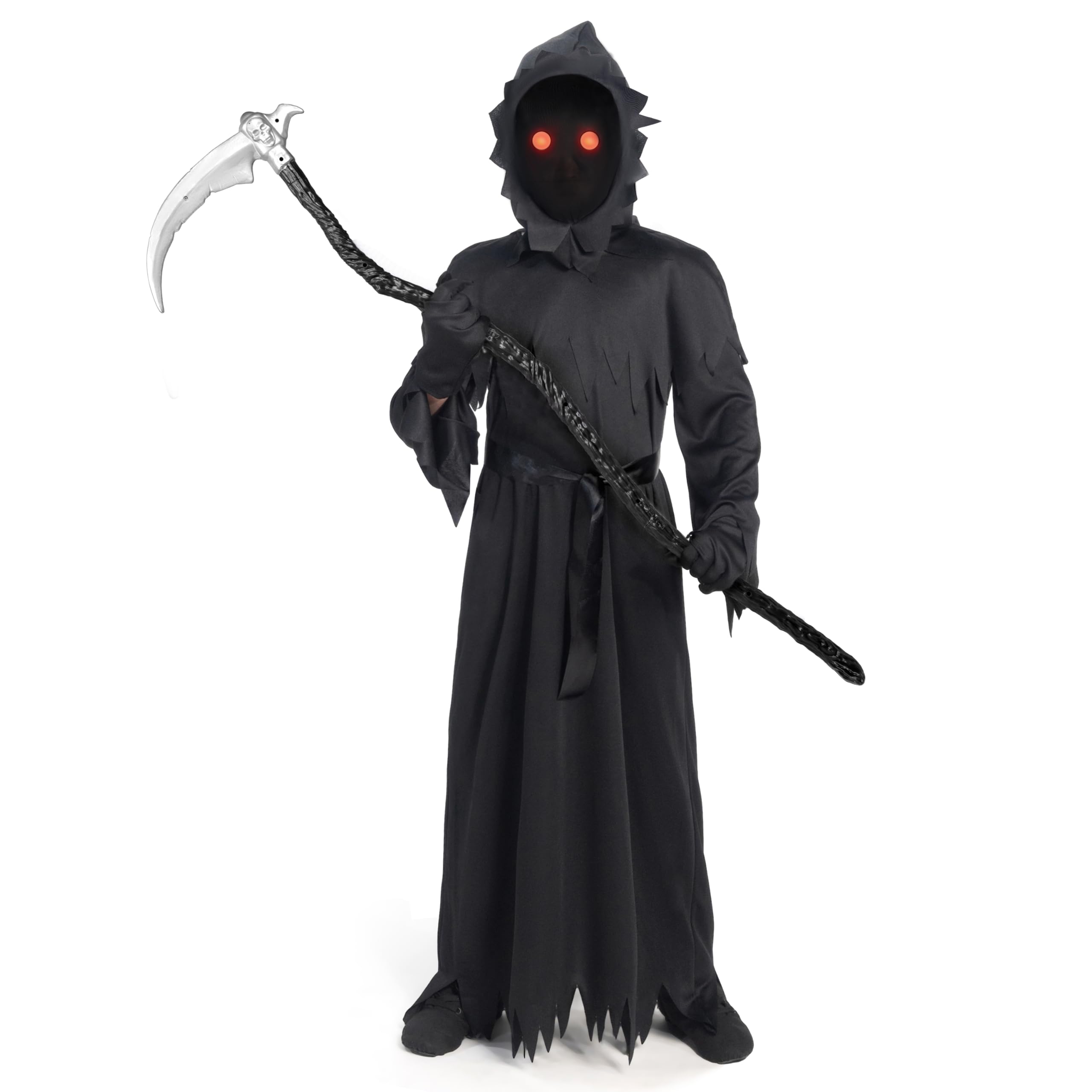 Spooktacular Creations Child Unisex Black Grim Reaper Costume, Creepy Reaper Costume with Gloves Scythe Light-Up Glasses for Boys Halloween Dress up, Role-Playing-L, Large ( 10-12 yrs)