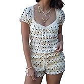 Women 2pcs Ruffle Pajamas Set Solid/Dot Print Smocked V-Neck Lace Trim Short Sleeve Crop Top Shorts Loungewear