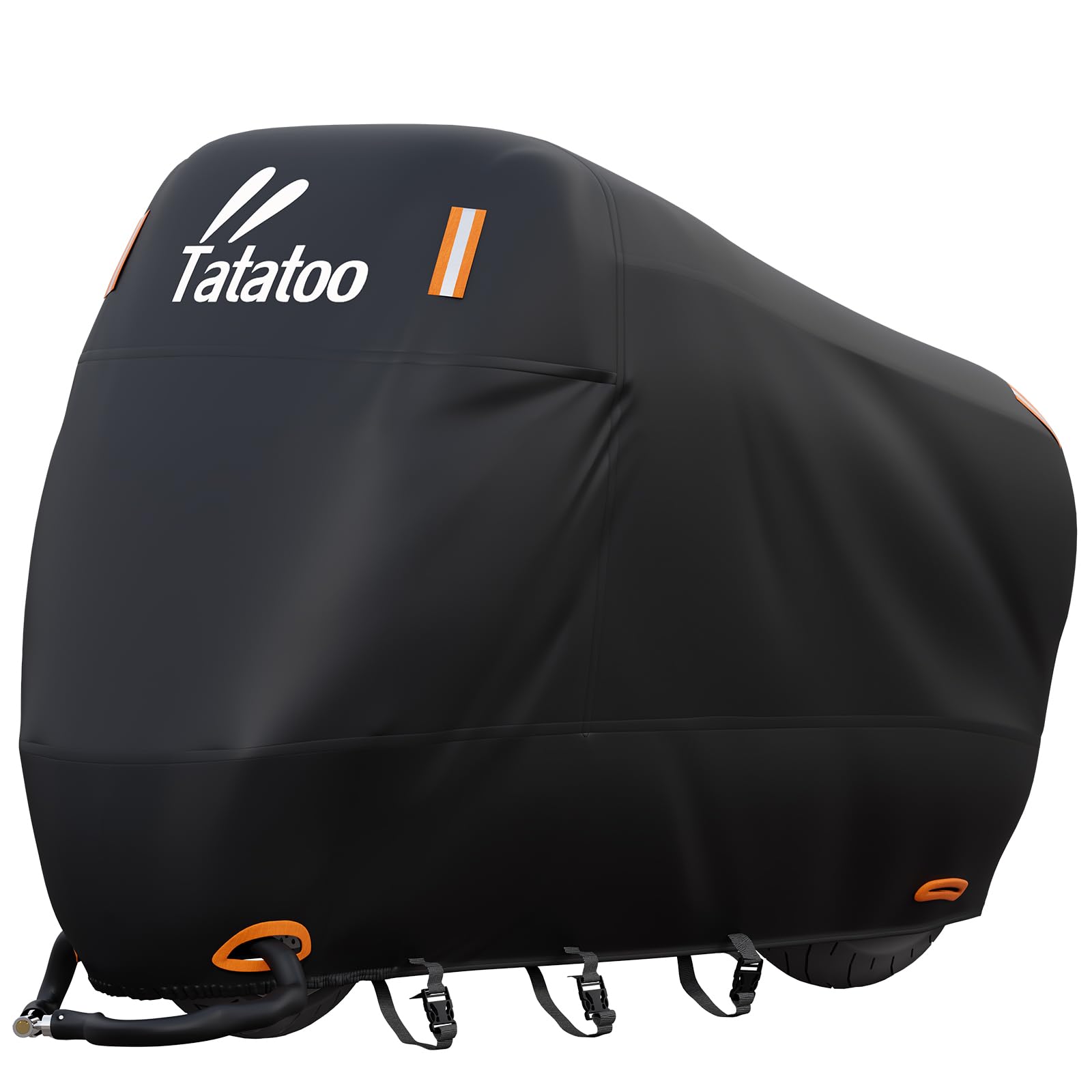 Photo 1 of TATATOO Motorcycle Cover Waterproof Outdoor, 300D Heavy Duty, UV & Rain Resistant, 3 Wind-Resistant Buckles, Dual Lock Holes, Includes Storage Bag, Fits Most Motorcycles up to 104",Black