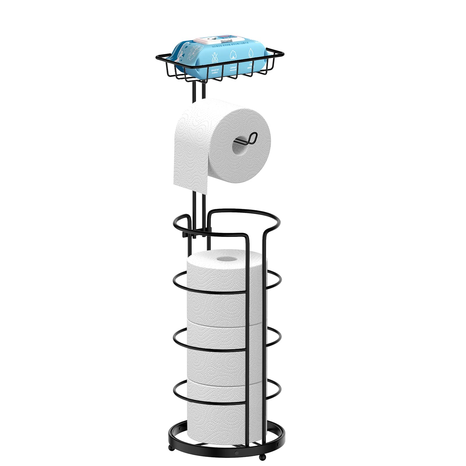 Toilet Roll Holder Free Standing, Toilet Paper Holder with Top Shelf for Storage Rolls/Phone/Magazine, Tissue Dispenser Organizer Holder for Bathroom(Black)