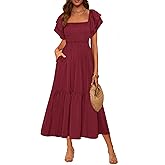 MASCOMODA Womens Summer Casual Midi Dress Square Neck Ruffle Short Sleeve Smocked High Waist A Line Wedding Guest Dresses