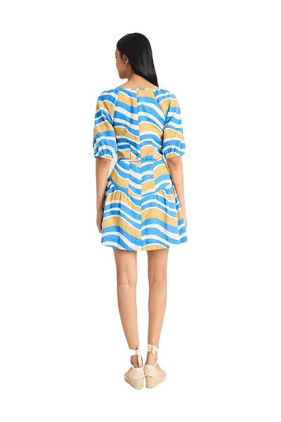 THE GOOD JOURNEY WOMEN’S TIERED MINI-ELEGANT SPLIT NECKLINE PUFF SLEEVE A-LINE DRESS WITH SEMI-SHEER TEXTURE FOR SPECIAL OCCASIONS, BLUE/CREAM SODA