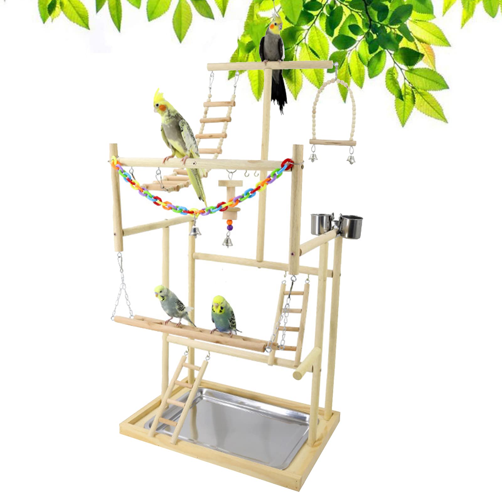 Joyeee Pet Playground, Large Parrot Perch Stand With Stainless Steel Feeding Cups Tray, Wooden Swing, Ladder, Bells, Colorful Plastic Chain for Bird Play, 18.9" x 13" x 37.2" XL