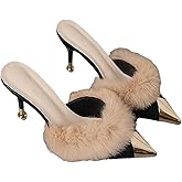 MakeMeChic Women's Fuzzy Pointed Toe Pumps Slip on High Heels Mules Dressy Shoes